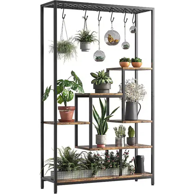 Acekool 5-Tier Tall Indoor Plant Stand, 70.9 Metal Plant Shelf with Hooks, Multi-Purpose Display Rack for Living Room, Balcony, Garden, Brown