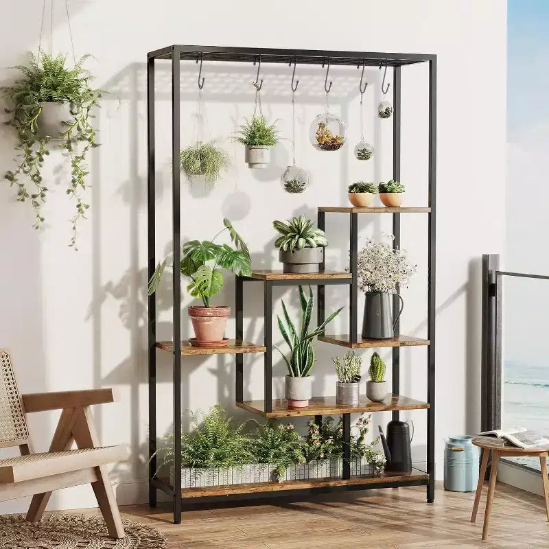 Acekool Étagère pour plantes d'intérieur à 5 niveaux, 180 cm, en métal, avec crochets, présentoir polyvalent pour salon, balcon, jardin, marron