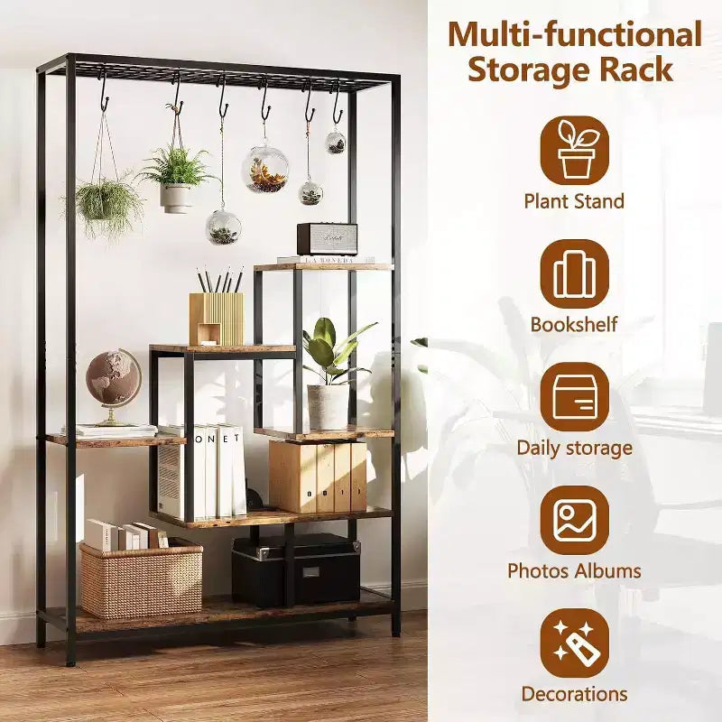Acekool Étagère pour plantes d'intérieur à 5 niveaux, 180 cm, en métal, avec crochets, présentoir polyvalent pour salon, balcon, jardin, marron