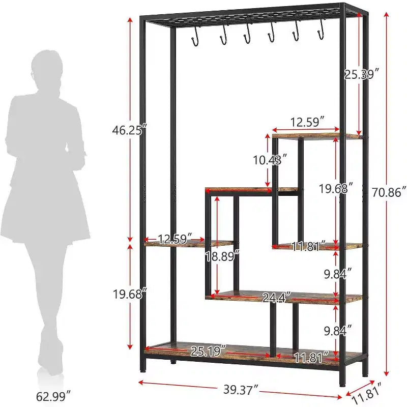 Acekool Étagère pour plantes d'intérieur à 5 niveaux, 180 cm, en métal, avec crochets, présentoir polyvalent pour salon, balcon, jardin, marron