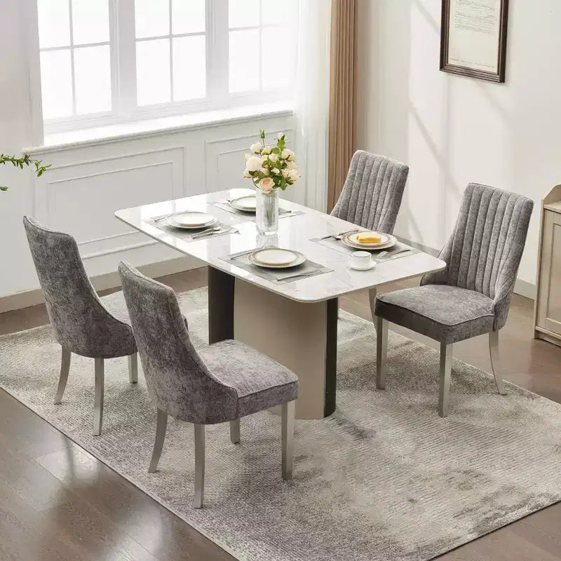 CLIHOME Lot de 2 chaises de salle à manger en chenille floquée, chaise d'appoint rembourrée avec pieds en acier inoxydable brossé argenté
