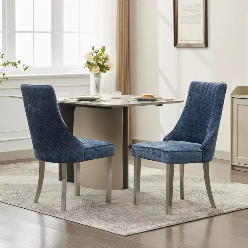 CLIHOME Set of 2 Flocking Chenille Dining Chairs, Upholstered Accent Chair with Silver Brushed Stainless Steel Legs