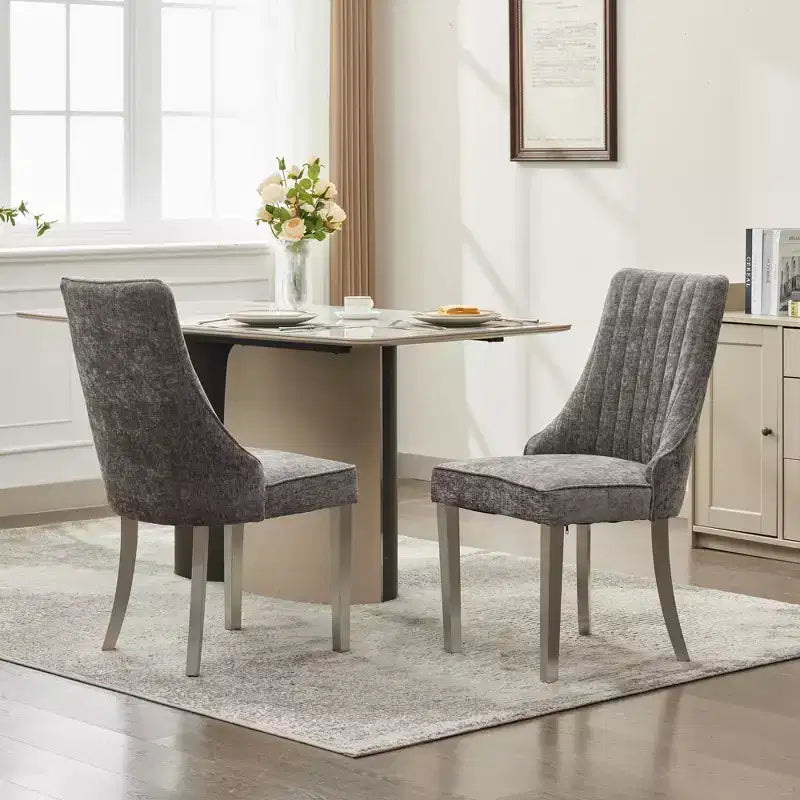 CLIHOME Lot de 2 chaises de salle à manger en chenille floquée, chaise d'appoint rembourrée avec pieds en acier inoxydable brossé argenté