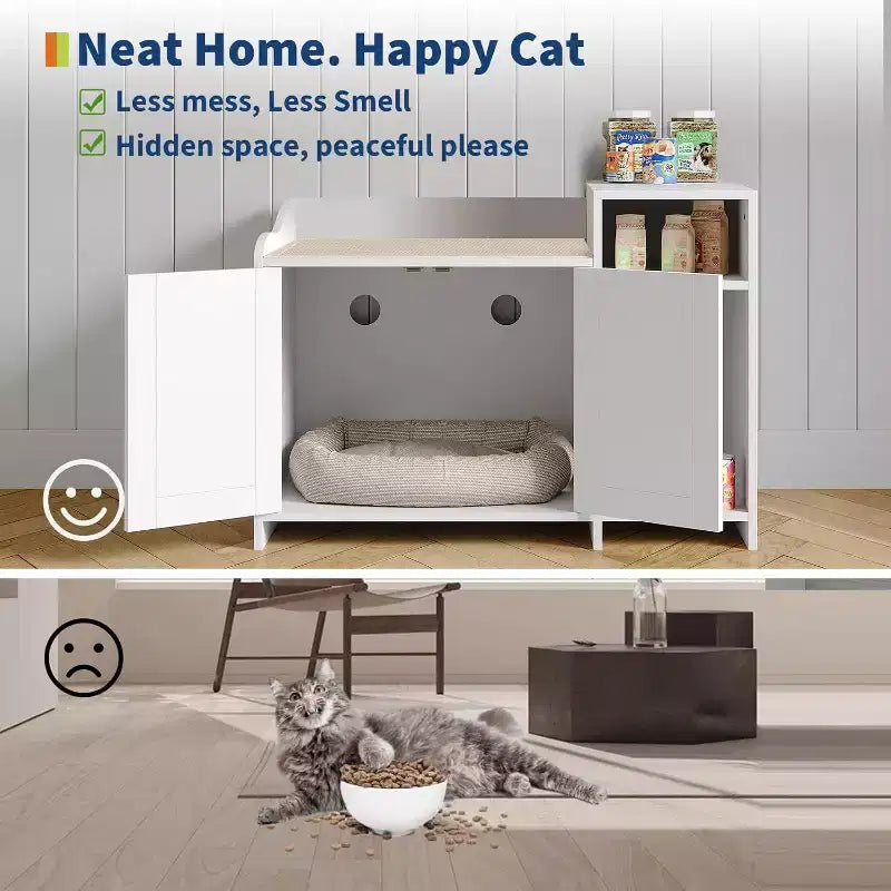 Meuble cache-litière pour chat, meuble de litière dissimulé avec porte de grange, style table d'appoint moderne, maison en bois pour animaux de compagnie, conception anti-chien