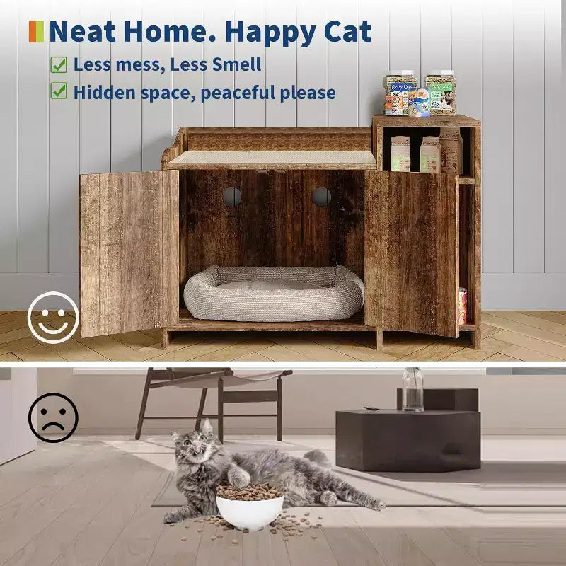 Meuble cache-litière pour chat, meuble de litière dissimulé avec porte de grange, style table d'appoint moderne, maison en bois pour animaux de compagnie, conception anti-chien