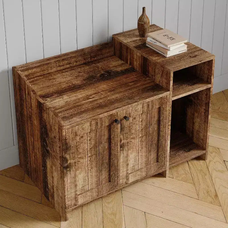 Meuble cache-litière pour chat, meuble de litière dissimulé avec porte de grange, style table d'appoint moderne, maison en bois pour animaux de compagnie, conception anti-chien