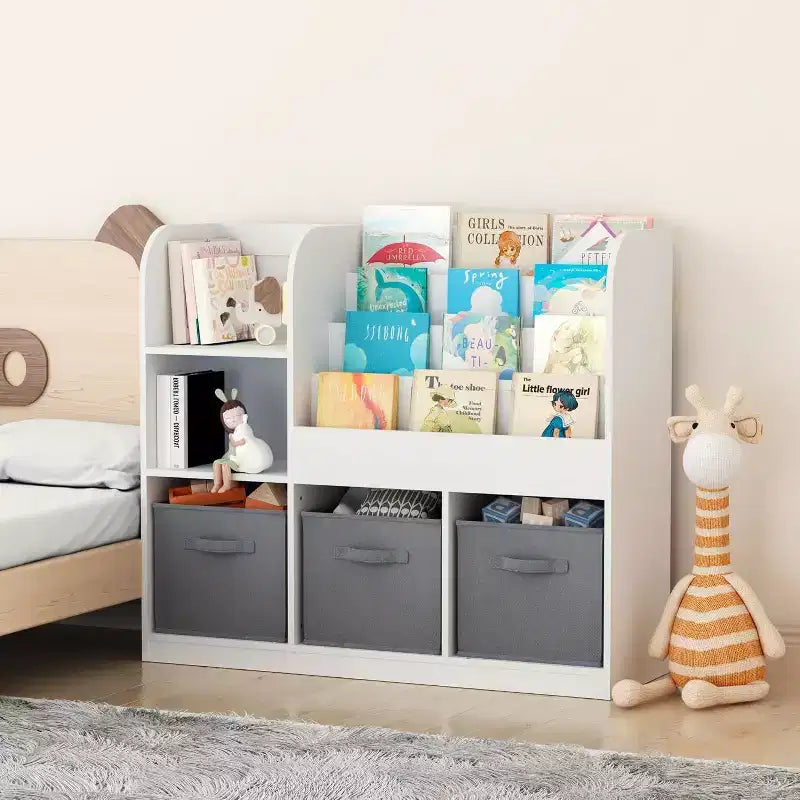 Acekool Étagère à 3 Niveaux avec Tiroirs Pliables en Tissu, Bibliothèque et Organisateur de Jouets pour Chambre à Coucher, Salle de Jeux, Couloir, Blanc