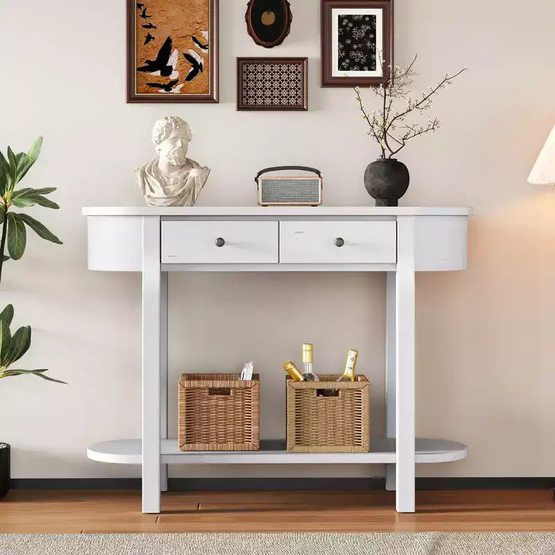 MAYEERTY Retro Console Table with Curved Design and Smooth Glaze for Entryways Living Room Hallways Turquoise Antique White