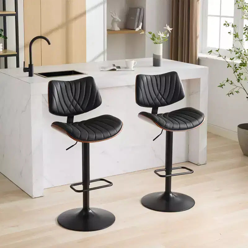 CLIHOME Lot de 2 tabourets de bar en noyer courbé, chaises de bar pivotantes modernes réglables en hauteur de comptoir, revêtues de cuir
