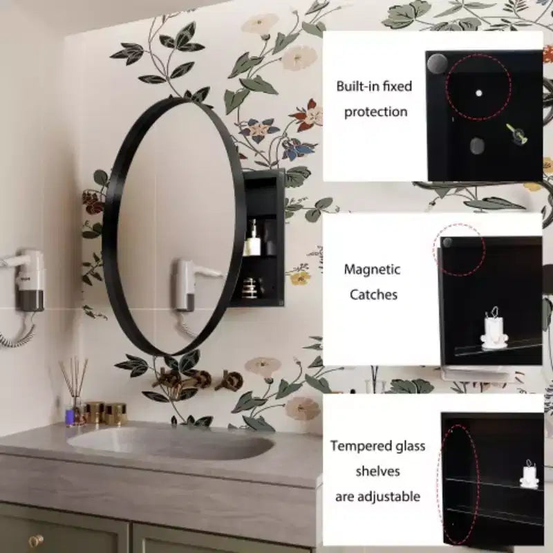 31.5 Inch Surface Mount Round Metal Framed Medicine Cabinet with Mirror and Adjustable Shelves Black Wall Mirror with Storage for Bathroom
