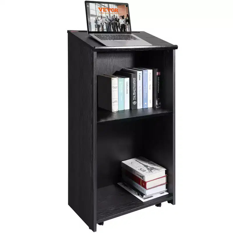 VEVOR Podium Stand, 47 in Hostess Stand with 4 Rolling Wheels, Wood Podium with Storage Shelves, and Slant Desktop, Lecterns & Podiums, Black