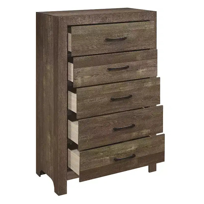 Commode rustique Okak 5 tiroirs avec poignées en métal noir, design simple pour chambre à coucher, aucun assemblage requis