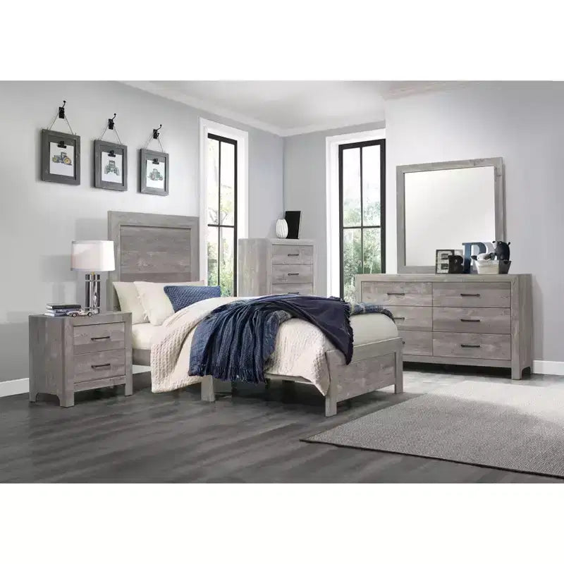 Commode rustique Okak 5 tiroirs avec poignées en métal noir, design simple pour chambre à coucher, aucun assemblage requis