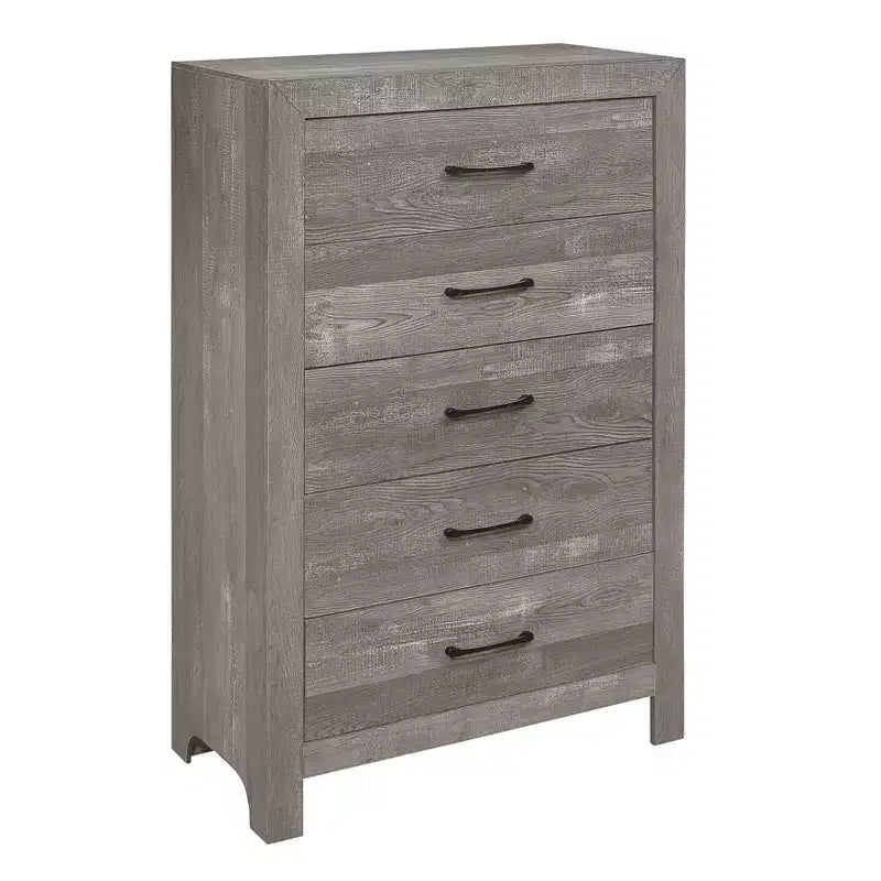 Commode rustique Okak 5 tiroirs avec poignées en métal noir, design simple pour chambre à coucher, aucun assemblage requis