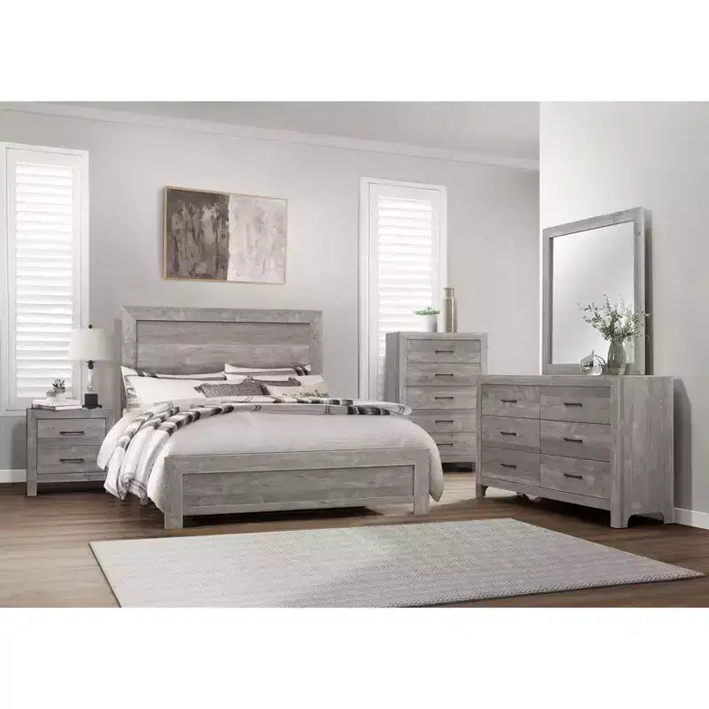 Commode rustique Okak 5 tiroirs avec poignées en métal noir, design simple pour chambre à coucher, aucun assemblage requis
