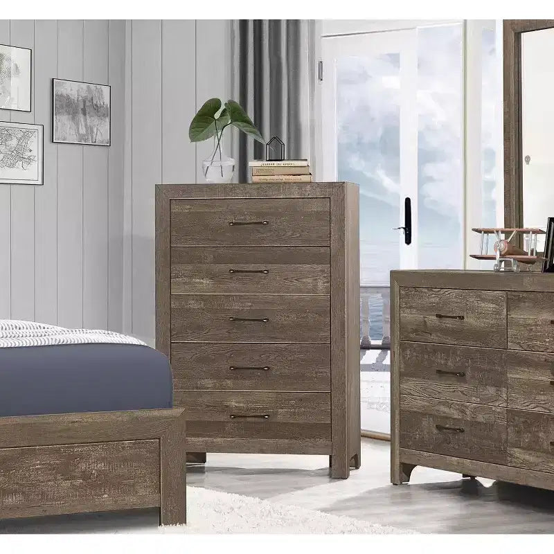 Okak Rustic 5-Drawer Dresser Chest with Black Metal Hardware Simple Design for Bedroom, No Assembly required