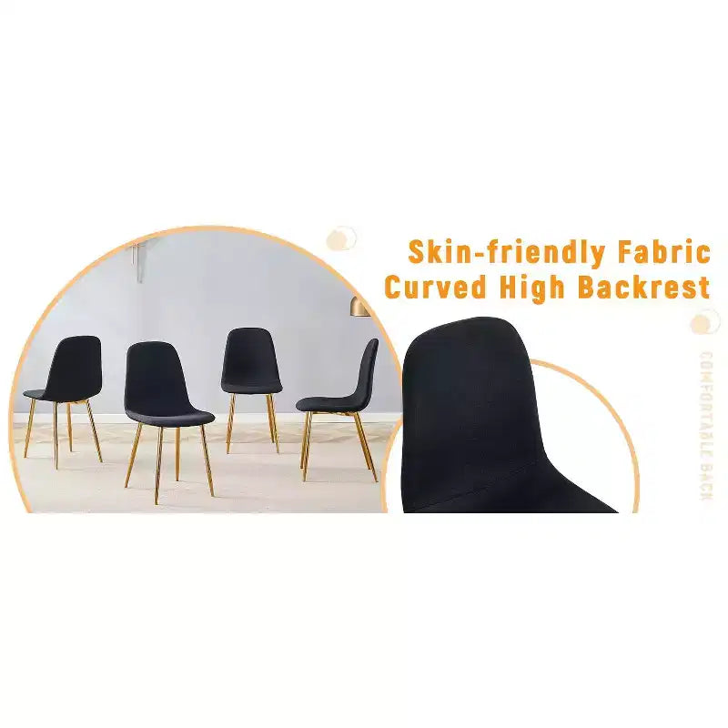 MAYEERTY Lot de 4 chaises de salle à manger de luxe simples, en lin et coton noir, avec pieds en métal doré, s'adaptant à des décors variés