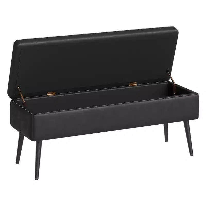 Banc Ottoman de Rangement, Banc d'entrée ou de chambre à coucher de style moderne du milieu du siècle, Cuir synthétique avec coutures, Banc en cuir avec rangement ottoman, Repose-pieds