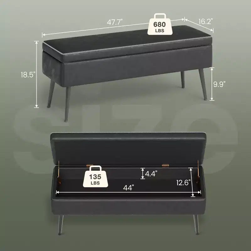 Banc Ottoman de Rangement, Banc d'entrée ou de chambre à coucher de style moderne du milieu du siècle, Cuir synthétique avec coutures, Banc en cuir avec rangement ottoman, Repose-pieds
