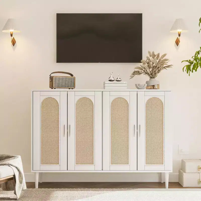Buffet de cuisine GustoWave, Armoire de rangement d'appoint à 4 portes en rotin, Console de bar à café, Couloir, Salon