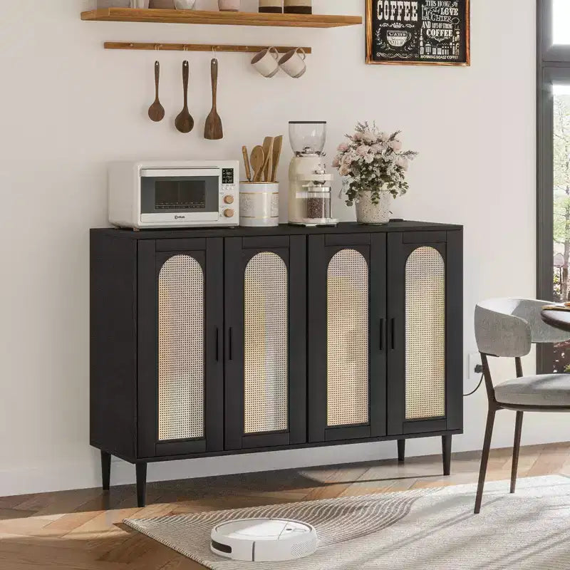 Buffet de cuisine GustoWave, Armoire de rangement d'appoint à 4 portes en rotin, Console de bar à café, Couloir, Salon