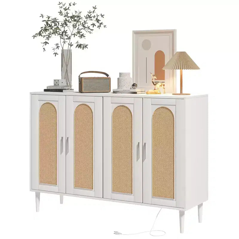 Buffet de cuisine GustoWave, Armoire de rangement d'appoint à 4 portes en rotin, Console de bar à café, Couloir, Salon