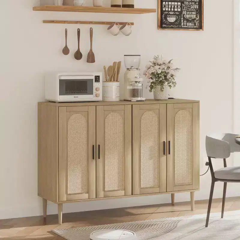Buffet de cuisine GustoWave, Armoire de rangement d'appoint à 4 portes en rotin, Console de bar à café, Couloir, Salon