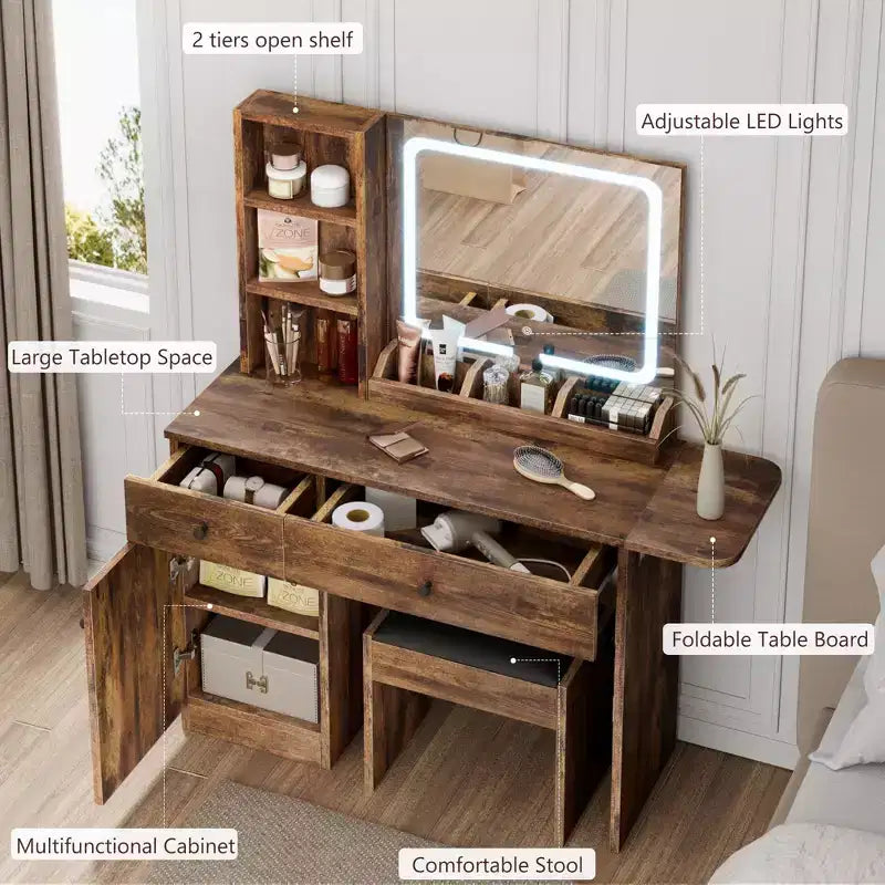 Coiffeuse avec miroir lumineux LED et prise de courant, coiffeuse de maquillage avec tiroirs et armoire et chaise, ensemble de coiffeuse pour chambre à coucher