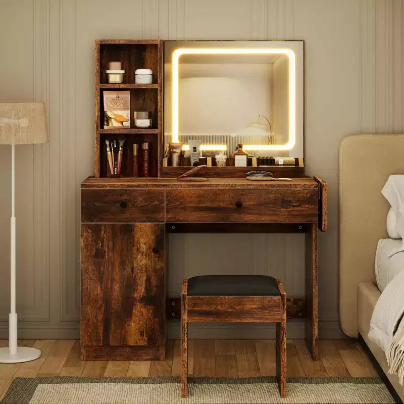 Coiffeuse avec miroir lumineux LED et prise de courant, coiffeuse de maquillage avec tiroirs et armoire et chaise, ensemble de coiffeuse pour chambre à coucher
