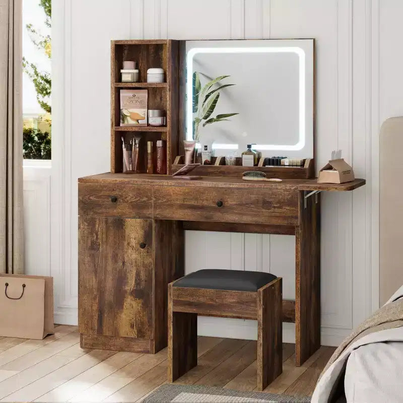Coiffeuse avec miroir lumineux LED et prise de courant, coiffeuse de maquillage avec tiroirs et armoire et chaise, ensemble de coiffeuse pour chambre à coucher