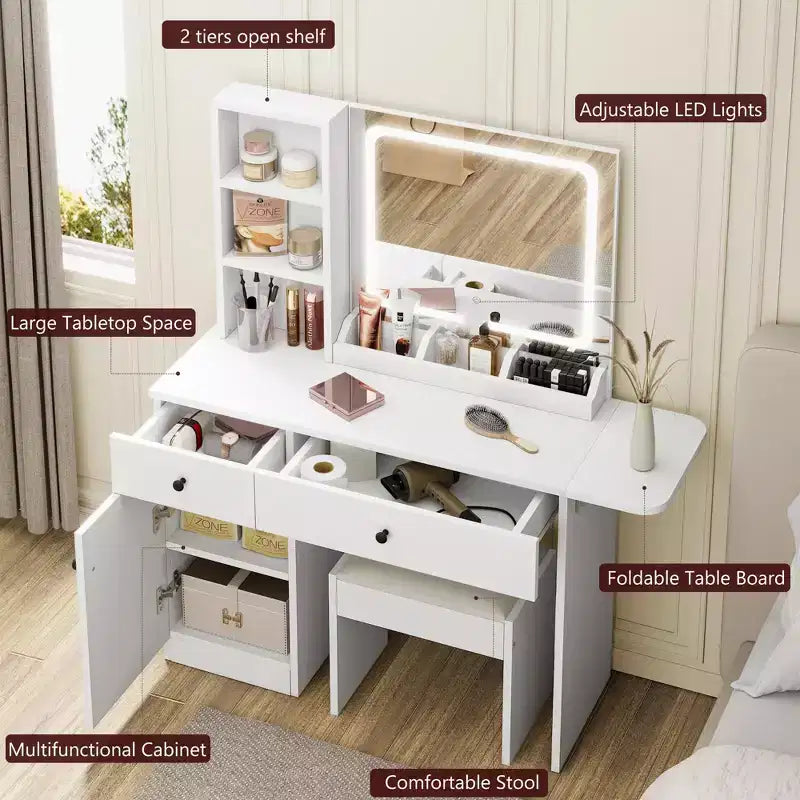 Coiffeuse avec miroir lumineux LED et prise de courant, coiffeuse de maquillage avec tiroirs et armoire et chaise, ensemble de coiffeuse pour chambre à coucher