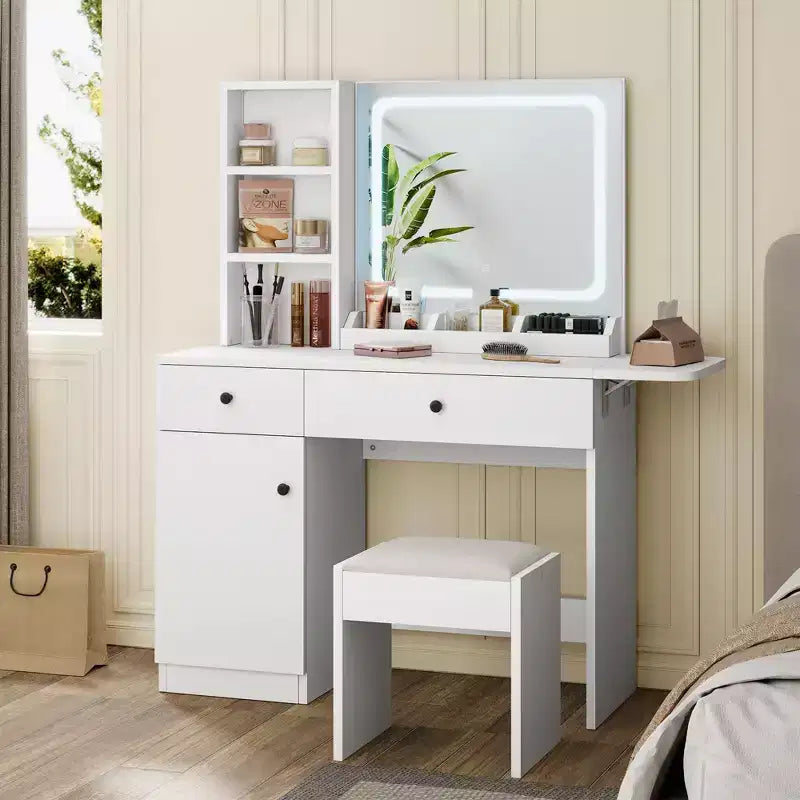 Coiffeuse avec miroir lumineux LED et prise de courant, coiffeuse de maquillage avec tiroirs et armoire et chaise, ensemble de coiffeuse pour chambre à coucher