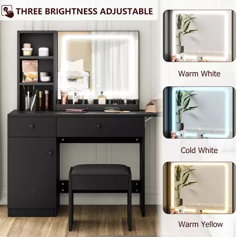 Coiffeuse avec miroir lumineux LED et prise de courant, coiffeuse de maquillage avec tiroirs et armoire et chaise, ensemble de coiffeuse pour chambre à coucher
