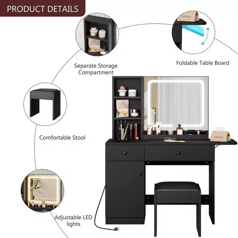 Coiffeuse avec miroir lumineux LED et prise de courant, coiffeuse de maquillage avec tiroirs et armoire et chaise, ensemble de coiffeuse pour chambre à coucher