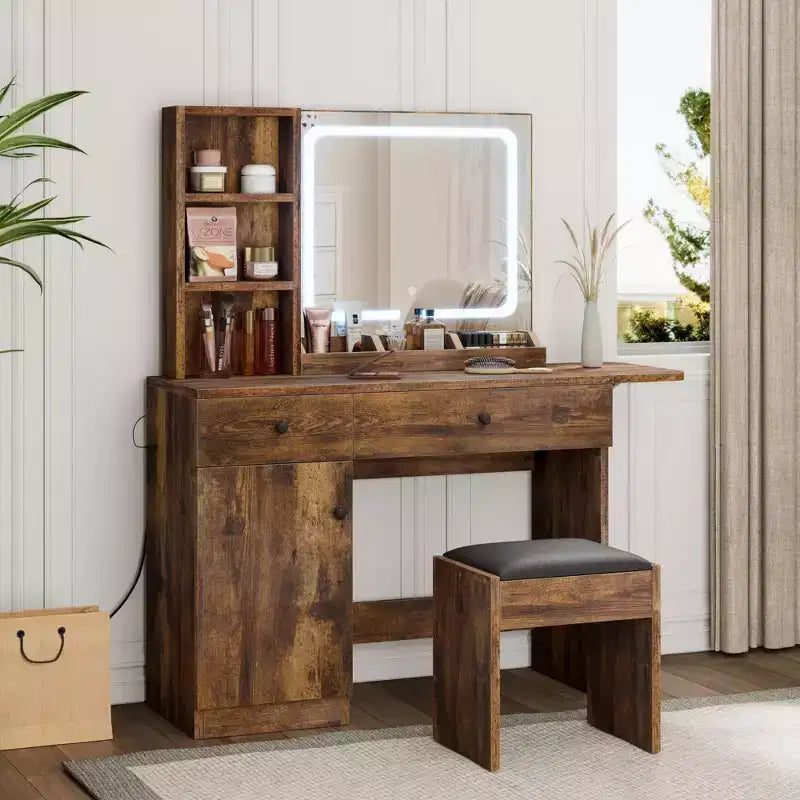 Coiffeuse avec miroir lumineux LED et prise de courant, coiffeuse de maquillage avec tiroirs et armoire et chaise, ensemble de coiffeuse pour chambre à coucher