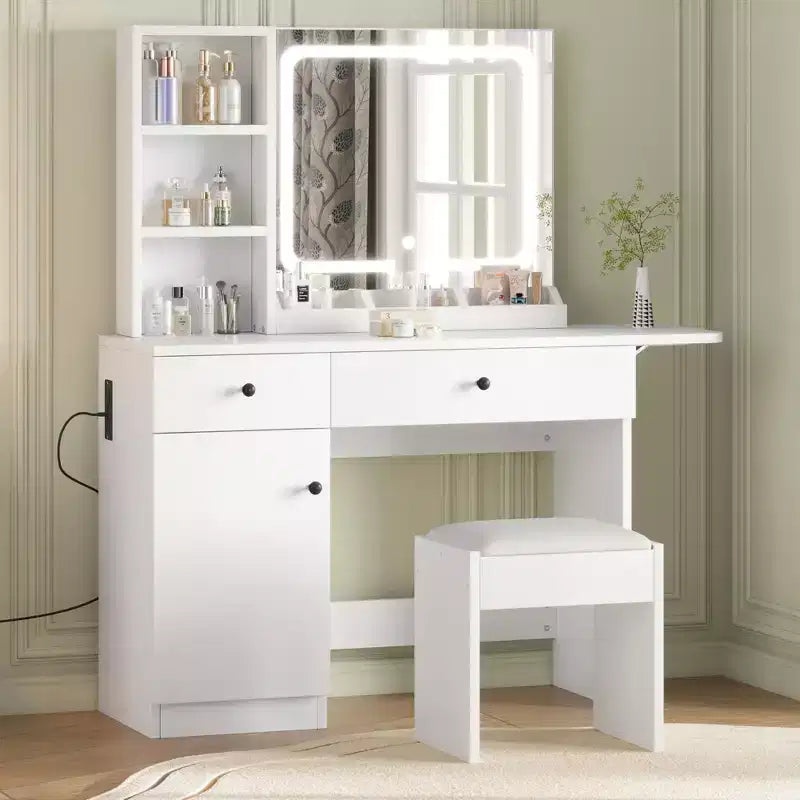 Coiffeuse avec miroir lumineux LED et prise de courant, coiffeuse de maquillage avec tiroirs et armoire et chaise, ensemble de coiffeuse pour chambre à coucher