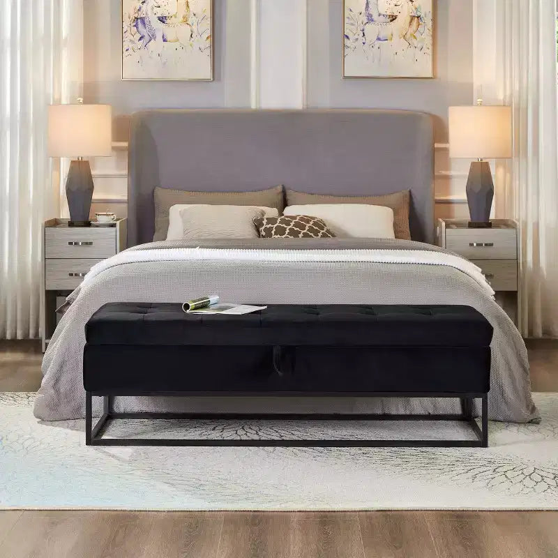 TUYOHW Banc en Velours avec Base en Métal et Rangement, Banc de Lit pour Salon, Noir