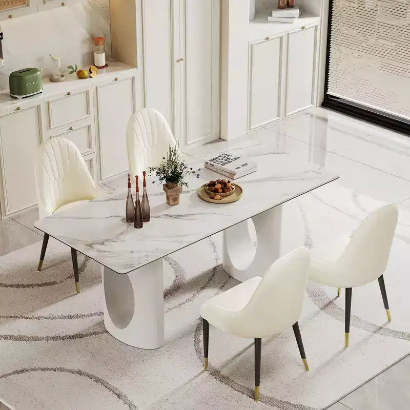 Grande Table à Manger Rectangulaire Okak, Table de Cuisine en Pierre Frittée Composite et Verre Trempé avec Base en Acier Carbone pour Grande Famille