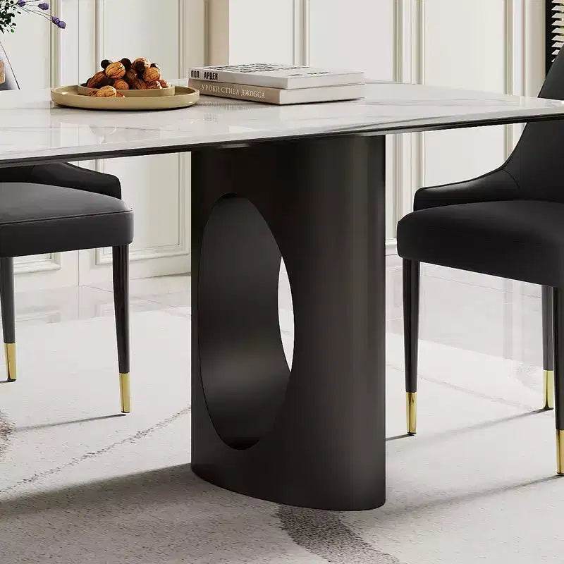 Grande Table à Manger Rectangulaire Okak, Table de Cuisine en Pierre Frittée Composite et Verre Trempé avec Base en Acier Carbone pour Grande Famille