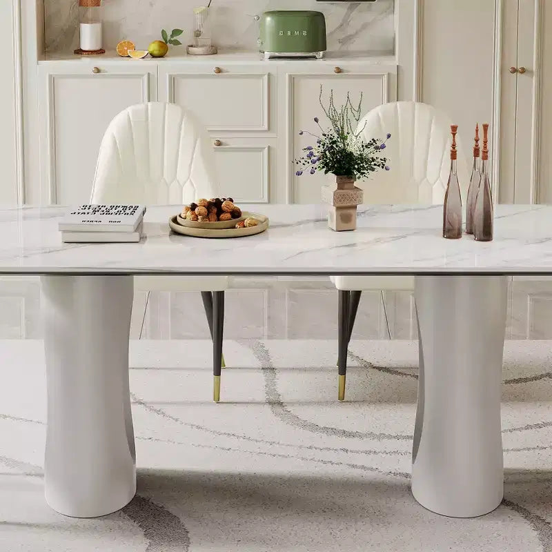 Grande Table à Manger Rectangulaire Okak, Table de Cuisine en Pierre Frittée Composite et Verre Trempé avec Base en Acier Carbone pour Grande Famille