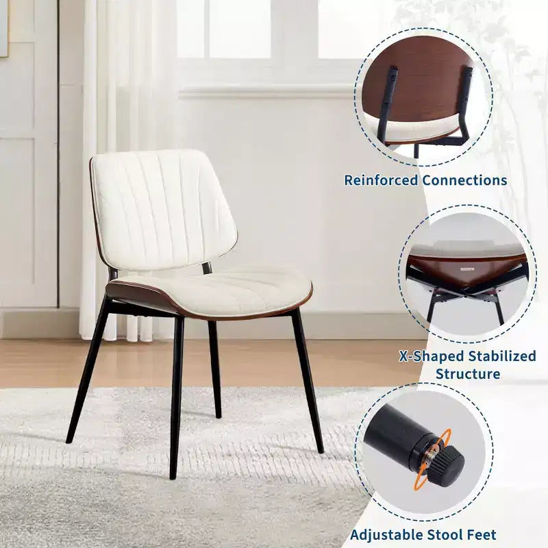 Lot de 2 chaises de salle à manger en bois, chaises d'appoint modernes rembourrées en cuir PU avec lanières en forme de coquille, dossier en bois courbé de noyer et pieds en métal, pour salle à manger
