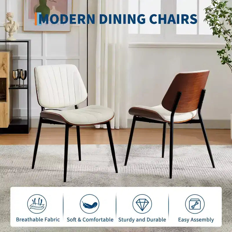 Lot de 2 chaises de salle à manger en bois, chaises d'appoint modernes rembourrées en cuir PU avec lanières en forme de coquille, dossier en bois courbé de noyer et pieds en métal, pour salle à manger