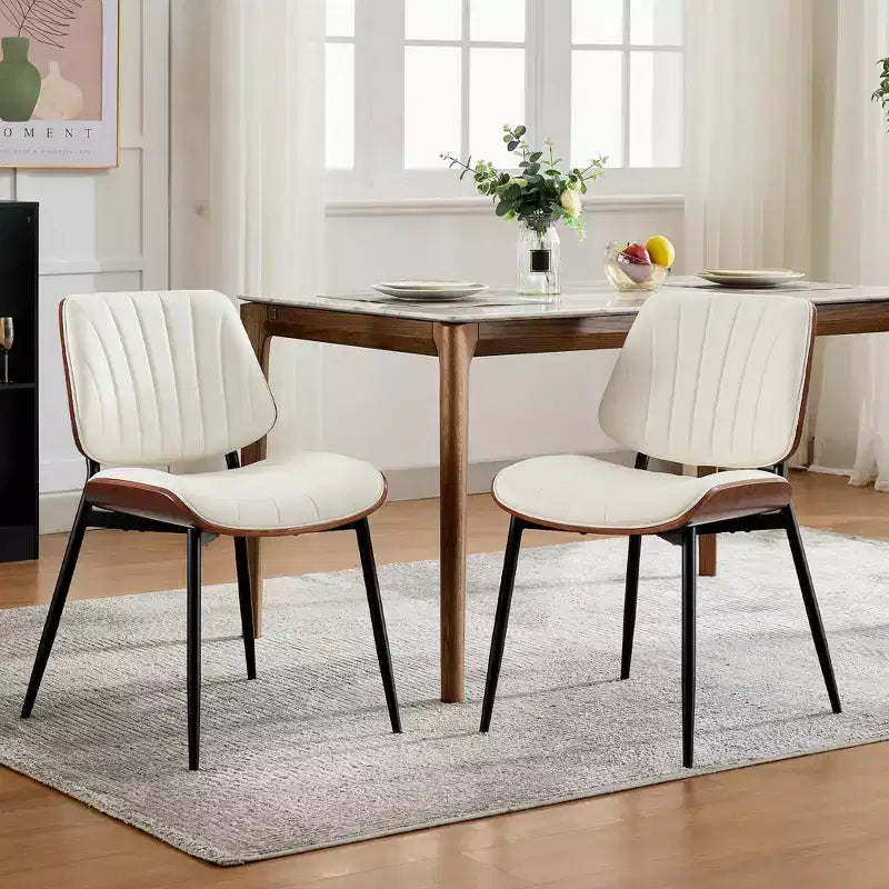 Lot de 2 chaises de salle à manger en bois, chaises d'appoint modernes rembourrées en cuir PU avec lanières en forme de coquille, dossier en bois courbé de noyer et pieds en métal, pour salle à manger
