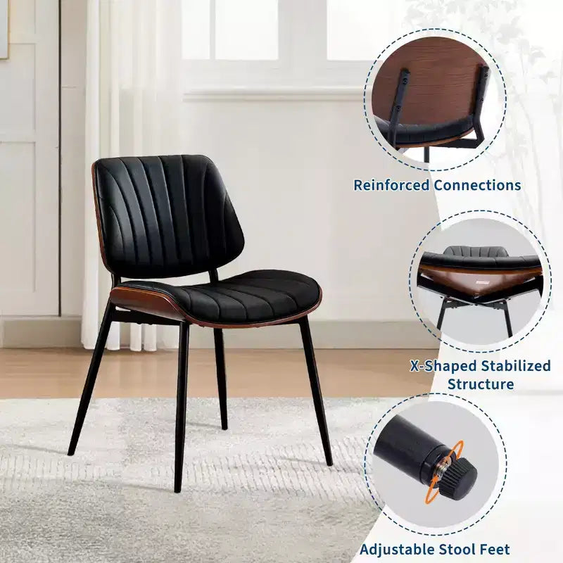 Lot de 2 chaises de salle à manger en bois, chaises d'appoint modernes rembourrées en cuir PU avec lanières en forme de coquille, dossier en bois courbé de noyer et pieds en métal, pour salle à manger