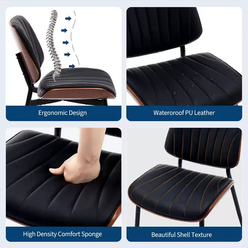 Lot de 2 chaises de salle à manger en bois, chaises d'appoint modernes rembourrées en cuir PU avec lanières en forme de coquille, dossier en bois courbé de noyer et pieds en métal, pour salle à manger