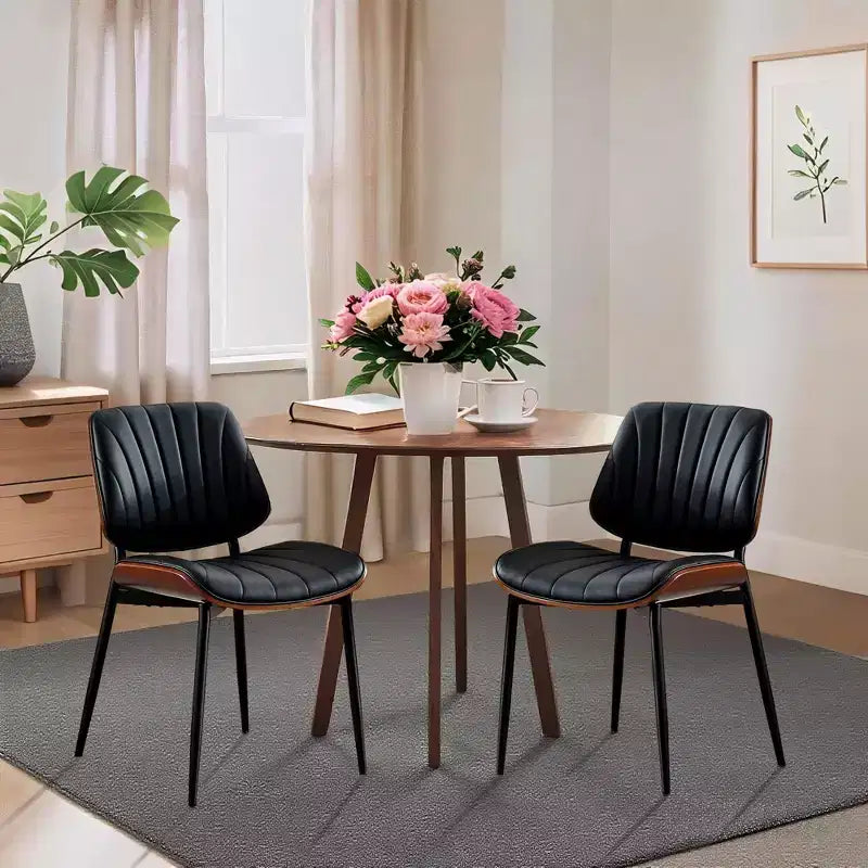 Lot de 2 chaises de salle à manger en bois, chaises d'appoint modernes rembourrées en cuir PU avec lanières en forme de coquille, dossier en bois courbé de noyer et pieds en métal, pour salle à manger