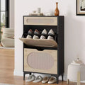 Rattan Shoe Cabinet with 2 Flip Drawers & 1 Pull-Out Drawer, 3 Adjustable Shelves, Narrow Freestanding Entryway Storage Cabinet, Wood