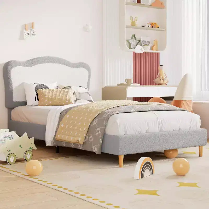 Cadre de lit double/complet pour enfants avec tête de lit festonnée bicolore en velours