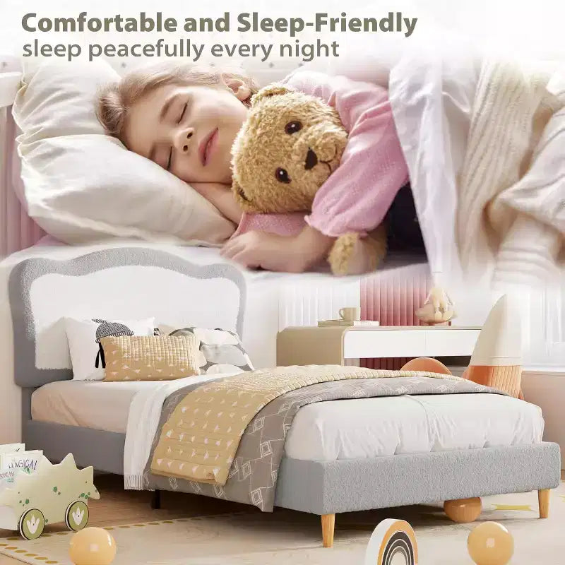Cadre de lit double/complet pour enfants avec tête de lit festonnée bicolore en velours