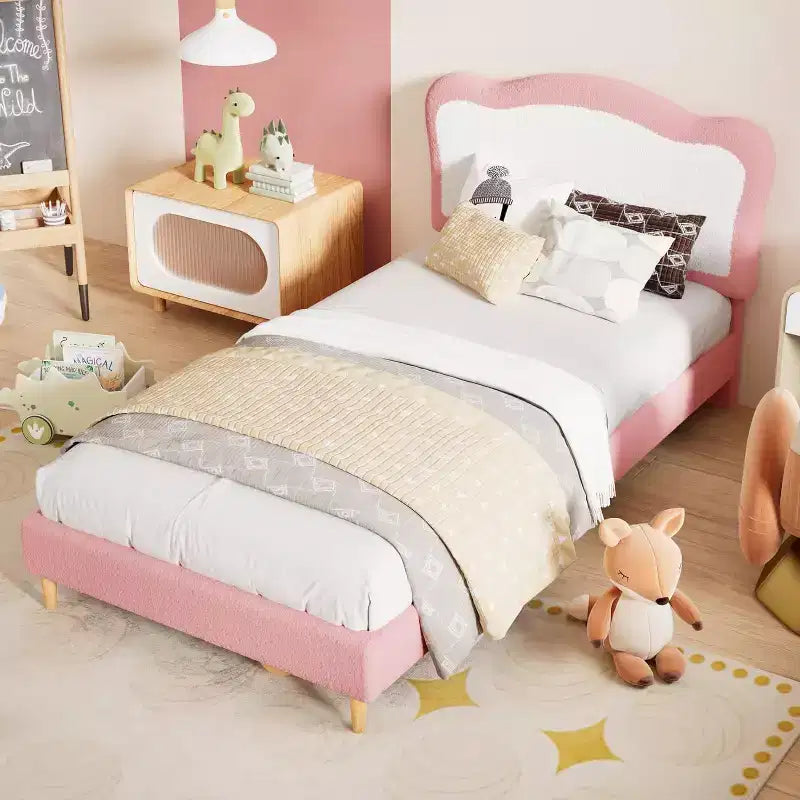 Cadre de lit double/complet pour enfants avec tête de lit festonnée bicolore en velours